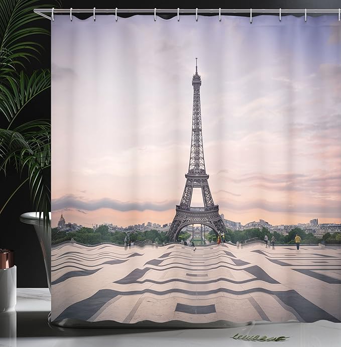 Ambesonne Paris Shower Curtain, Trocadero and Eiffel Tower at Sunshine Paris Skyline Historic Landscape View, Cloth Fabric Bathroom Decor Set with Hooks, 69" W x 84" L, Lavender Dimgray