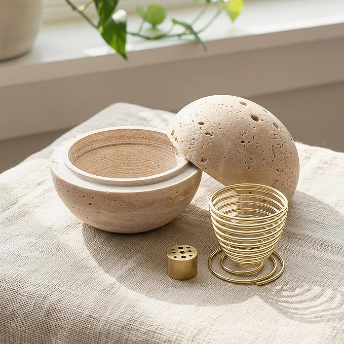 Travertine Stone Home Decor Incense Holder, Incense Cone Holder with Brass Stand Base,Handmade Incense Stick Holder for Meditation Yoga Relaxation