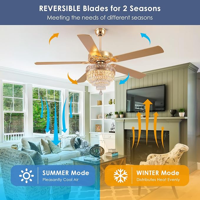 62"Golden Crystal Chandelier Ceiling Fans with Lights and Remote Control | Classical Design,6 Reversible Speeds,30W Quiet DC Motor,5 Wooden Blades,3*E12 LED Bulbs Included,for Living Room Bedroom