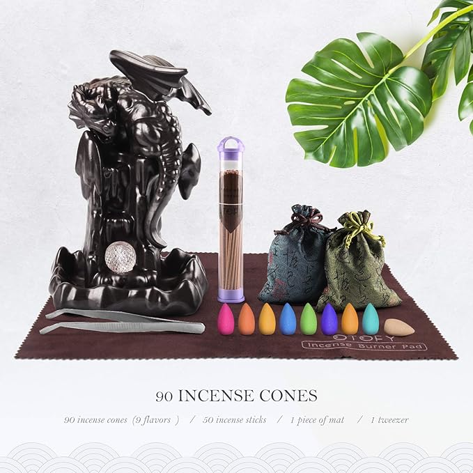 OTOFY Handmade Backflow Incense Burner Waterfall Incense Holder with 90 Incense Cones + 50 Incense Sticks Sets, Aromatherapy Ornament Home Decor Gift Decorations Statue(Black Brown led Dragon)