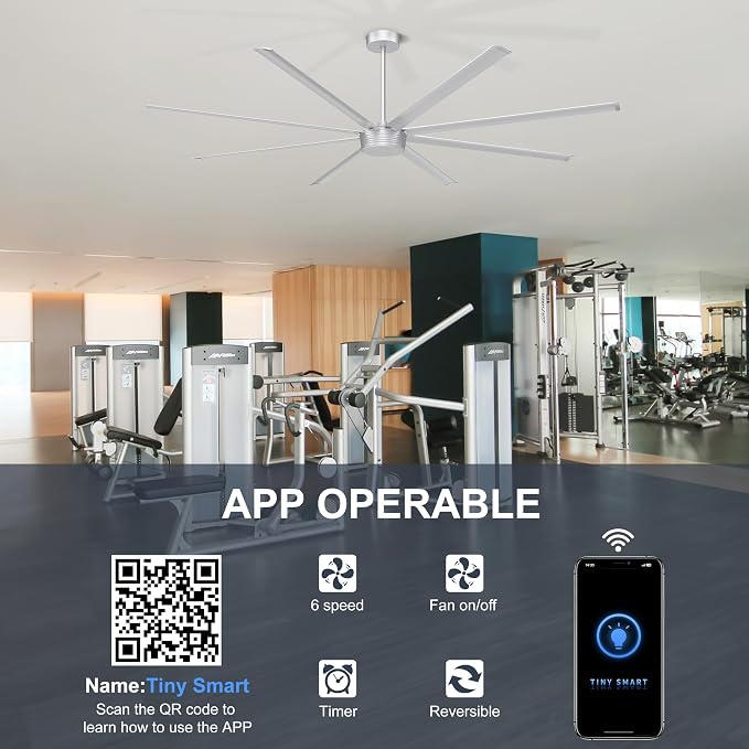Ohniyou 96'' Industrial Ceiling Fan No Light - High CFM Large Metal Fan with 8 Aluminum Blades, Remote/APP Controlled, DC Motor, for Shop, Warehouse, Gym, Silver | 8 Aluminum Blades, Remote/App Control, Quiet DC Motor for Shops, Warehouses and Gyms, Si...