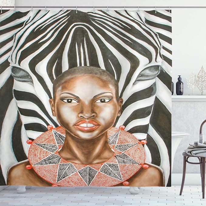 Ambesonne Country Shower Curtain, Woman with Zebra Spirit Animal Mother Nature Themed Image, Cloth Fabric Bathroom Decor Set with Hooks, 69" W x 70" L, Orange Pale Caramel
