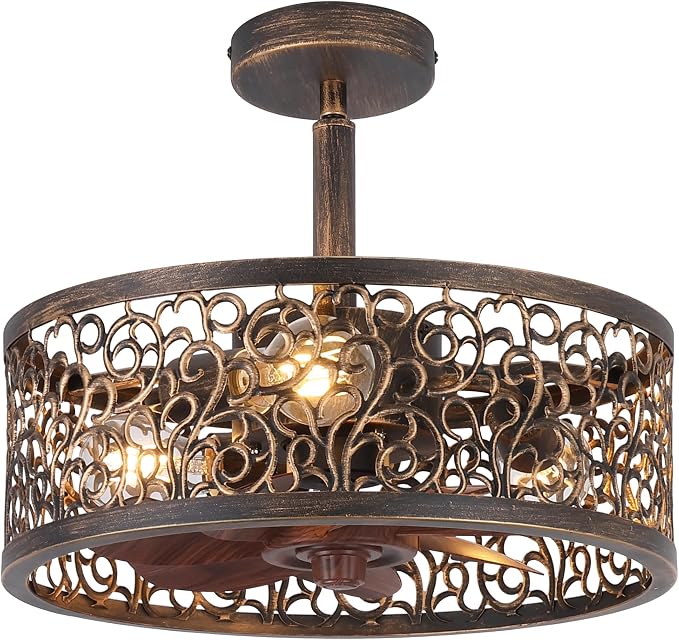 COCOSTAR Vintage Chandelier Ceiling Fan with Light: Bronze Caged Fandelier | Smart Remote/APP,Enclosed,Sloped Ceiling,15" Rustic Fan with Small Ceiling Fixtures for Kitchen Bedroom Living Dining Room