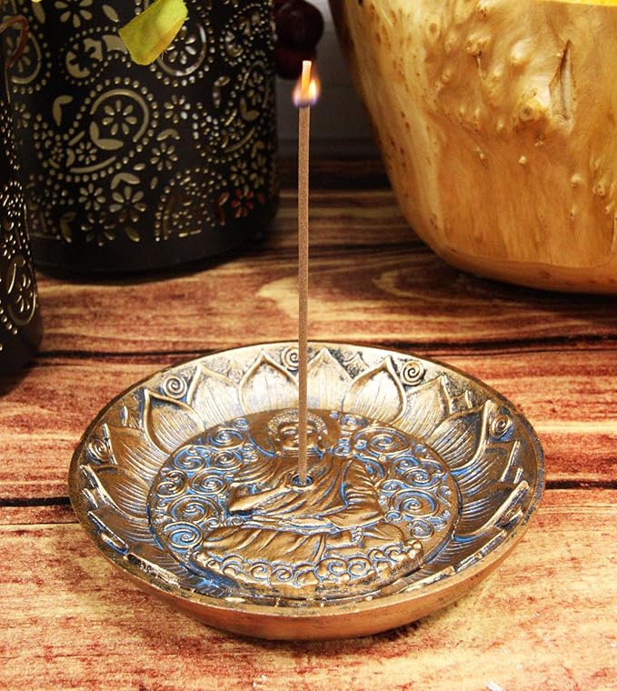 Ebros Gift Meditation of Shakyamuni Buddha Mini Incense Stick Holder Burner Round Dish Medallion Figurine 5" Diameter Zen Feng Shui Vastu Home Fragrance Tabletop Altar Decor