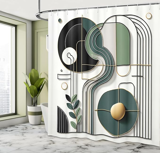 Ambesonne Modern Shower Curtain, Art Mid Century Arch Stripes and Curving Details with Rounds and Leaves, Cloth Fabric Bathroom Decor Set with Hooks, 69" W x 75" L, Petrol Blue White Green