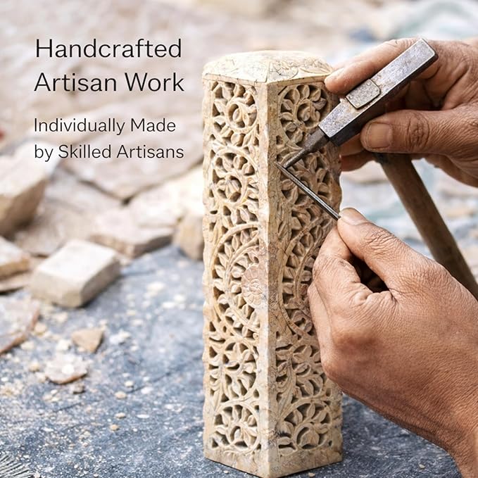 Carry Me Handmade Marble Soapstone Incense Stick Burner | Candle Stick Holder | Tea Light Burner - Perfect Floral Carving for Gifting. Decorative Home and Kitchen Decor (3 x 3 x 11 Inches)
