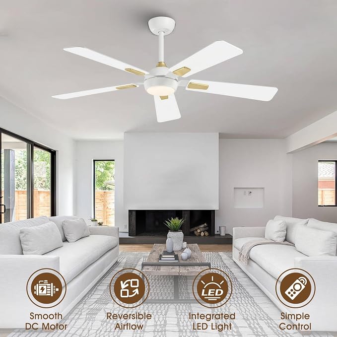 52 Inch White Ceiling Fan with Light and Remote, Modern Ceiling Fan with 6-Speed Reversible Motor, Dimmable LED 3CCT for Bedroom Living Room Apartment