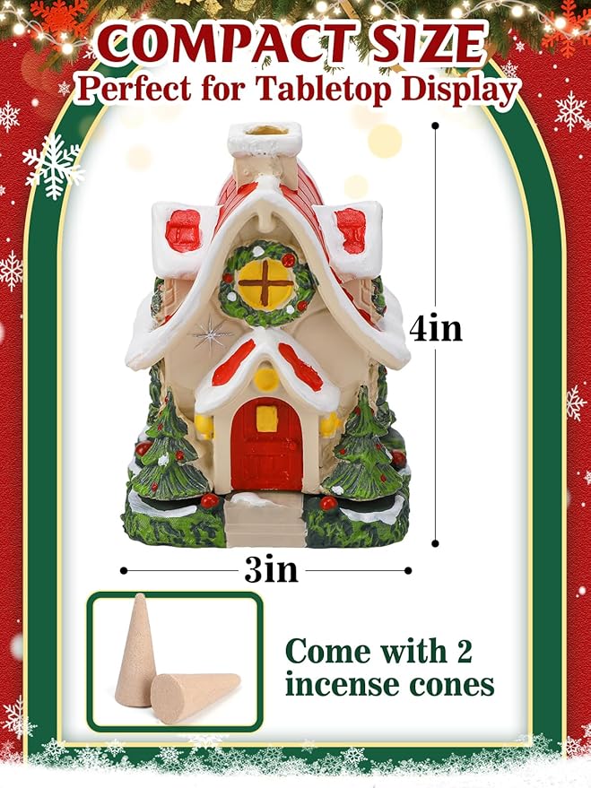 Christmas Log Cabin Incense Burner - Gift for Mom Wife Her Women, Christmas Village House Incense Holder with 2 Incense Cones for Home Decorations, Red