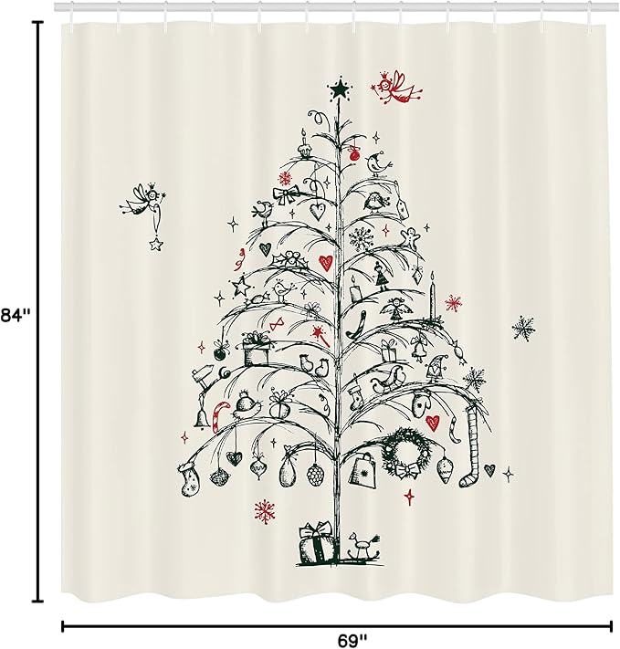 Ambesonne Christmas Shower Curtain, Fairies with Wands and Tree Hand Drawn Style with Wreath and Stockings Image, Cloth Fabric Bathroom Decor Set with Hooks, 69" W x 84" L, Red and Green