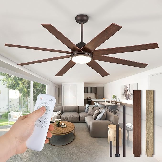 Fanbulous 65 Inch Ceiling Fans with Lights and Remote, Walnut Indoor/Outdoor Ceiling Fan with Quiet Reversible DC Motor, 6 Speeds, 3CCT, 8 Blades Large Ceiling Fan for Living Room Bedroom Patio