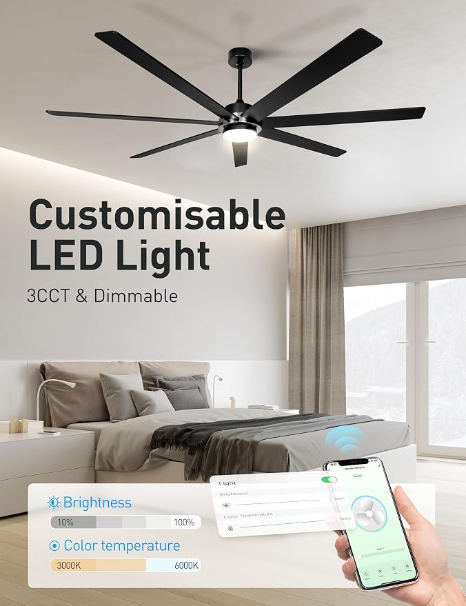Minislak 72" Black Smart Ceiling Fan with Light and Remote via WIFI Alexa APP Control,6 Speed Quiet DC Motor,Dimmable,Indoor Outdoor Ceiling Fans for Patios or Bedroom,Living room