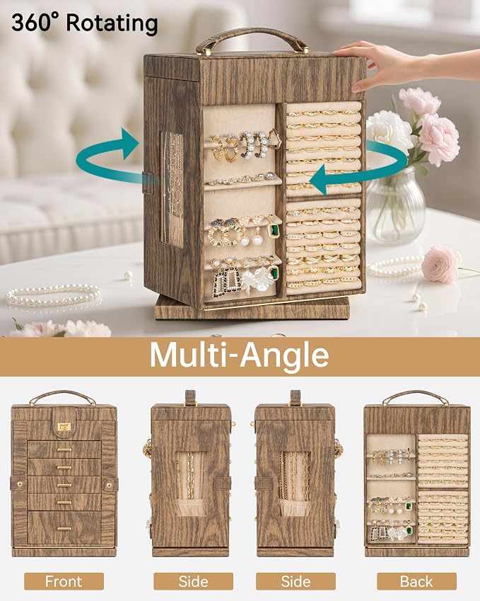 AKOZLIN 6-Tier Jewelry Box Organizer Functional 5 Drawers Leather Jewelry Storage Case for Women Girls Ring Necklace Earring Bracelet Holder Organizer with Mirror Wood Grain 360° Rotating