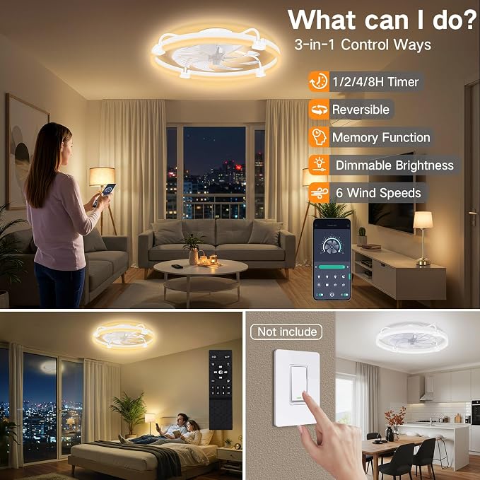 OUTON 24" Ceiling Fan with Light, Remote & App Control, Fandelier Low Profile Flush Mount Ceiling Fan with 3000K-6500K Stepless Dimmable, 6 Speed, Quiet DC Motor, Modern Ceiling Fans for Bedroom White
