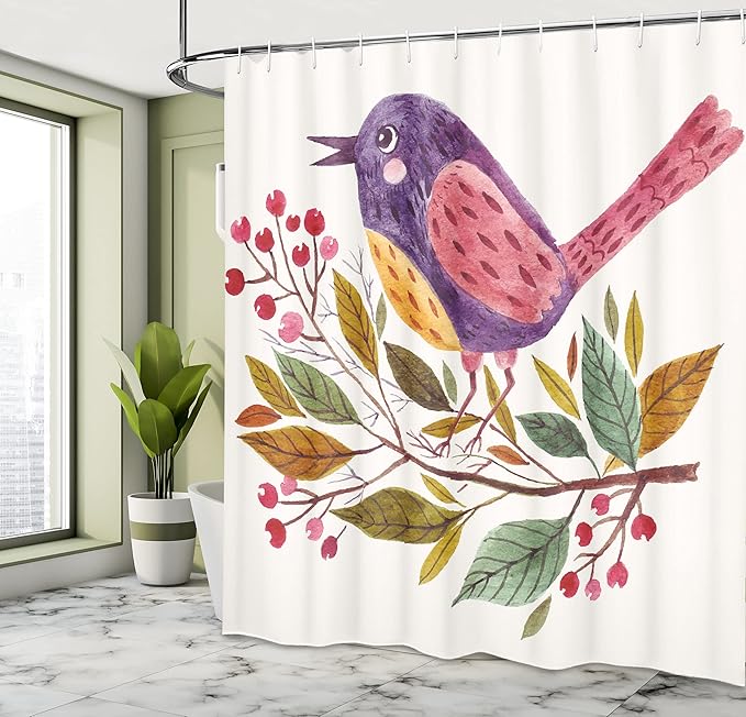 Ambesonne Leaf Shower Curtain, Watercolor Styled Effect a Bird Sitting on a Branch with Leaves Print, Cloth Fabric Bathroom Decor Set with Hooks, 69" W x 75" L, Apple Green