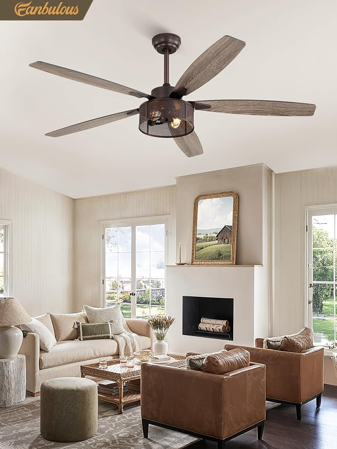 Fanbulous Farmhouse Ceiling Fans with Lights and Remote, 60 Inch Industrial Caged Ceiling Fans for Living Room Bedroom Kitchen, 6 Speed Reversible Quiet DC Motor, Dual Finish 5 Blades，Oil Bronze
