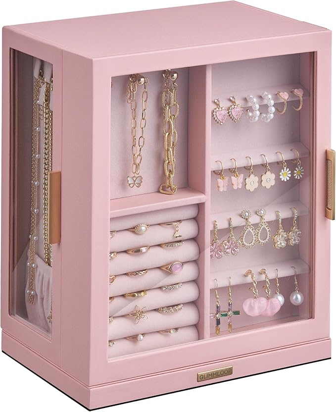 Glimmloop 360° Rotating Jewelry Box with 5 Drawers, Spacious Vertical Jewelry Organizer with Glass Window, Jewelry Storage Case, Dustproof & Moisture-resistant Design, Pink