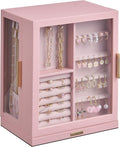 Glimmloop 360° Rotating Jewelry Box with 5 Drawers, Spacious Vertical Jewelry Organizer with Glass Window, Jewelry Storage Case, Dustproof & Moisture-resistant Design, Pink