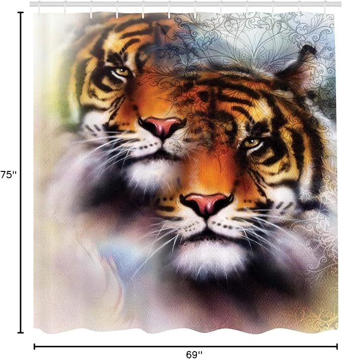 Ambesonne Savannah Shower Curtain, Double Exposure Tiger Collage with 2 Overlapping Images Oriental Mandala Backdrop, Cloth Fabric Bathroom Decor Set with Hooks, 69" W x 75" L, White Orange