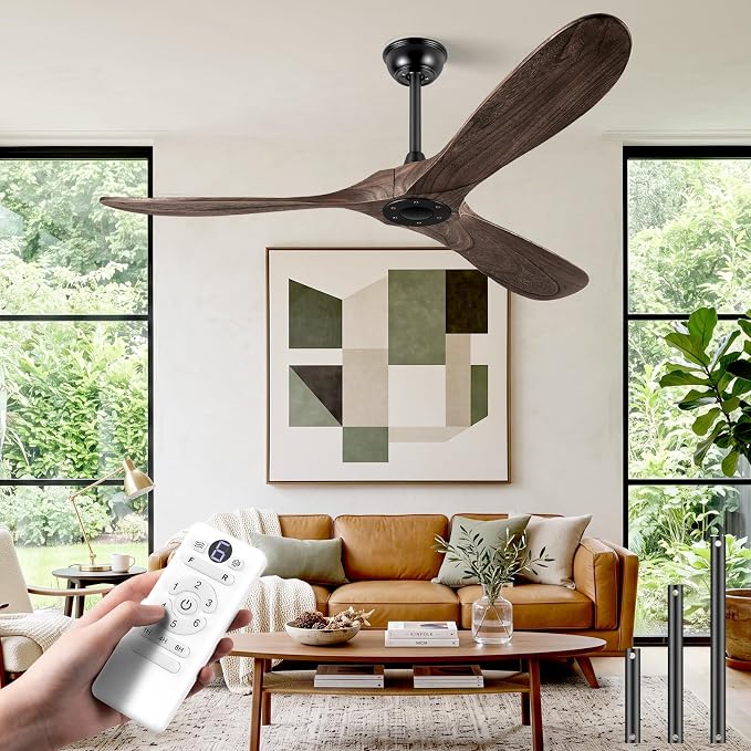 72" Ceiling Fans Without Lights, Solid Wood Ceiling Fan with Remote Control and Quiet DC Motor, Ceiling Fan no Light 3 Blades, Indoor Outdoor Fans for Patios, Bedroom- Deep Brown