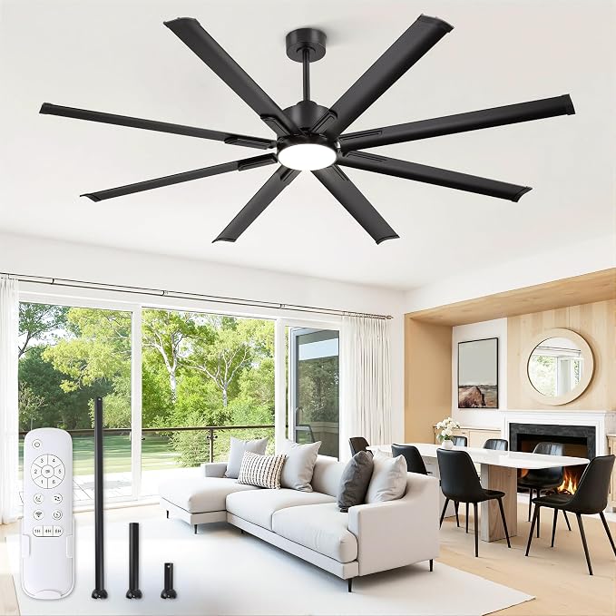 ZMISHIBO 72" Large Ceiling Fan with Lights, 8 Aluminum Reverisble Blades, Industrial Ceiling Fans with 3CCT, Quiet DC Motor, 6-Speed Remote, Indoor/Outdoor Ceiling Fans for Patios/Garage/Porch, Black