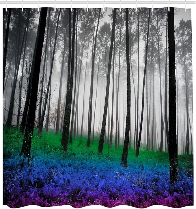 Ambesonne Forest Shower Curtain, Mystical Fantasy Woodland Under Heavy Fog Tall Trees Bushes Contrast Colors, Cloth Fabric Bathroom Decor Set with Hooks, 69" W x 84" L, Blue Green