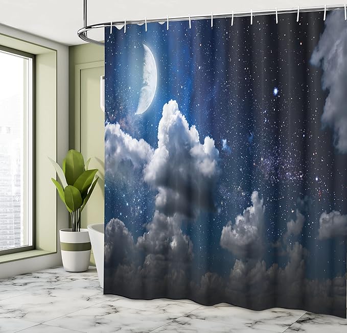 Ambesonne Clouds Shower Curtain, Celestial Solar Night Scene Stars Moon and Clouds Heaven Place in Cosmos Theme, Cloth Fabric Bathroom Decor Set with Hooks, 69" W x 70" L, Dark Night Blue Off White