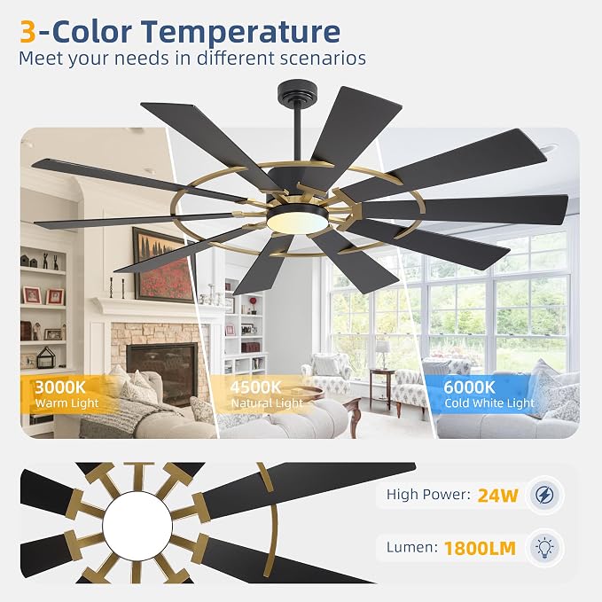 WINGBO 72" Windmill Ceiling Fan with Lights, 3 Downrod, 6-Speed Reversible DC Motor, 3CCT, 10 Blade Indoor Farmhouse DC Ceiling Fans for Kitchen Bedroom Living Room Patio, Aged Brass and Black