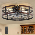 ZYD 20" Caged Ceiling Fan with Light, Farmhouse Cieling Fan with Quiet DC Motor, Rustic Metal Cage with Wood Grain Accent, Ideal for Bedroom, Living Room, Kitchen, Dining Room, Cafés, Restaurants