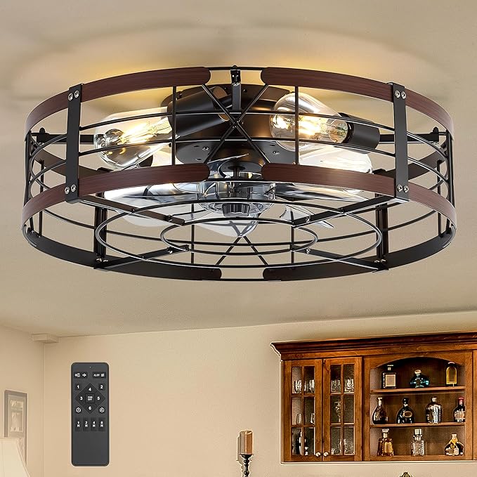 ZYD 20" Caged Ceiling Fan with Light, Farmhouse Cieling Fan with Quiet DC Motor, Rustic Metal Cage with Wood Grain Accent, Ideal for Bedroom, Living Room, Kitchen, Dining Room, Cafés, Restaurants