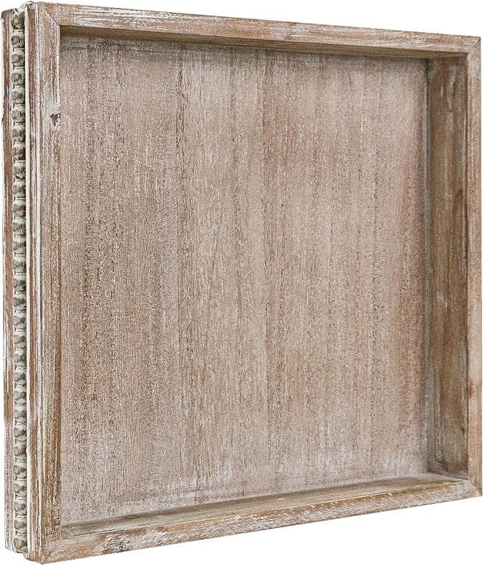 Wooden Decorative Tray, Small Serving Tray with Wood Bead, Farmhouse Big Tray for Ottoman, Countertop, Coffee Tabl, 13" x 13"x 1.6" (White Washed)