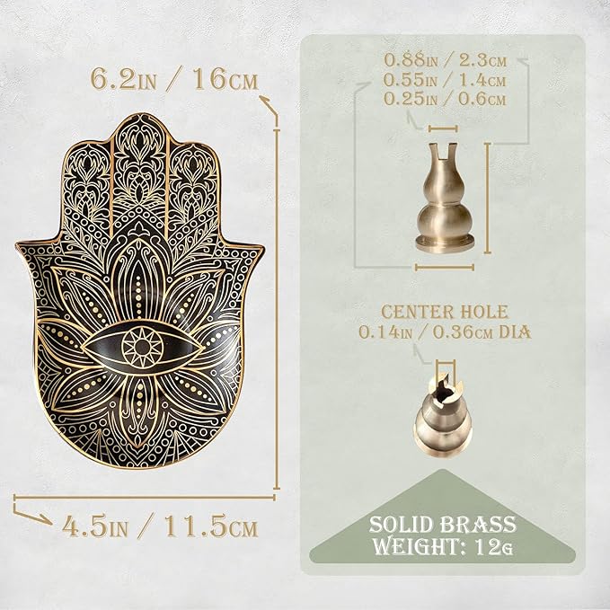 Ceramic Hamsa Hand Incense Holder - 2 in 1 Brass Incense Holder for Sticks and Coil Incense- Zen Decor with Hand of Fatima Design Protection from Evil - 6.2" L X 4.5" W (Black)