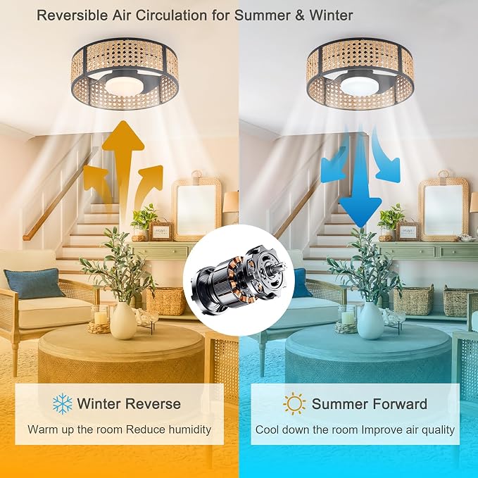 Ganeed 20" Handwoven Rattan Boho Ceiling Fans with Lights, Dimmable RGB LED Wicker Caged Ceiling Fan with Light and Remote, 6 Speed/Reversible Motor Rattan Fandelier for Bedroom Dining Room Nursery