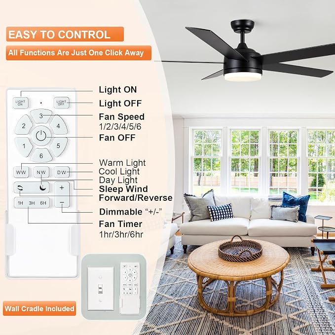 YUHAO 60 Inch Black Ceiling Fan with Light and Remote Control.Noiseless,Dimmable,3CCT,6 Speeds Reversible, DC Ceiling Fans for Indoor or Covered Outdoor Use.ETL Listed