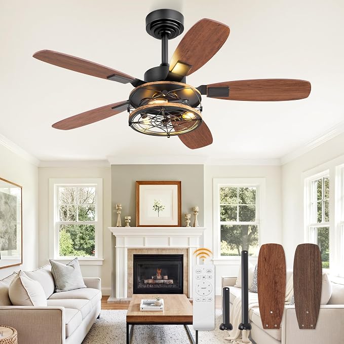 Fanbulous Farmhouse Ceiling Fan with Light and Remote, Industrial Caged Flush Mount Ceiling Fans with 6 Speed Reversible Motor and Dual Finish 5 Blades, for Living room, Bedroom (Black, 42 Inch)