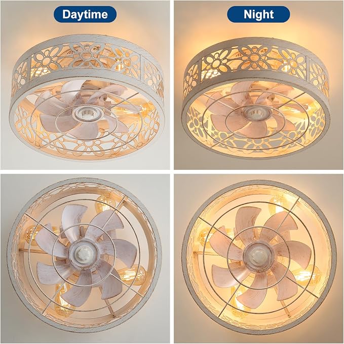 ZYD Caged Ceiling Fan with Light, 16.5" Modern Black Bedroom Ceiling Fans, Caged Ceiling Fan with Light Flush Mount, Low Profile Ceiling Flush Mount Fans for Home Upgrade