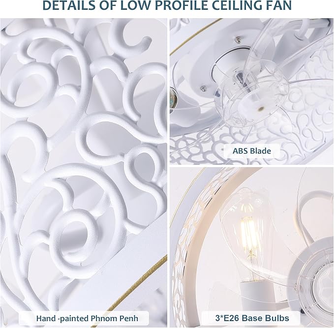 COCOSTAR Small Farmhouse Ceiling Fan with Light: 15" White Caged Fandelier | Smart Remote/APP,6 Speed,Timer,Semi Flush Mount Sloped Ceiling Light Fixture & Fan for Living Dining Kitchen Girls Bedroom