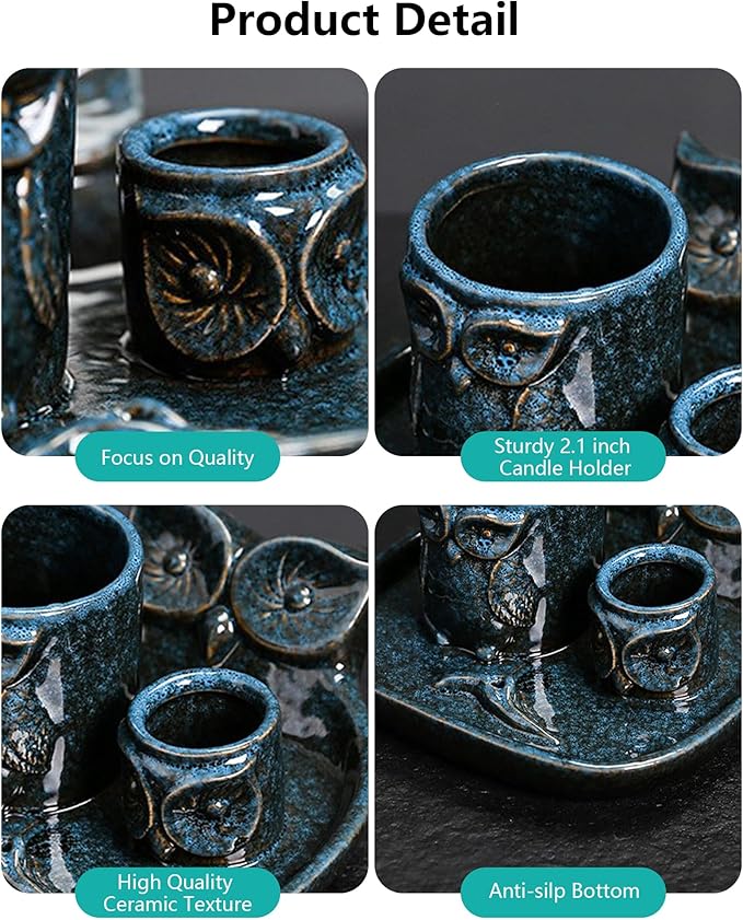 Comeon Palo Santo Holder, 4 in 1 Ceramic Owl Backflow Incense Burner Holder Candle Holder Sage Holder for Burning Bow(Blue)