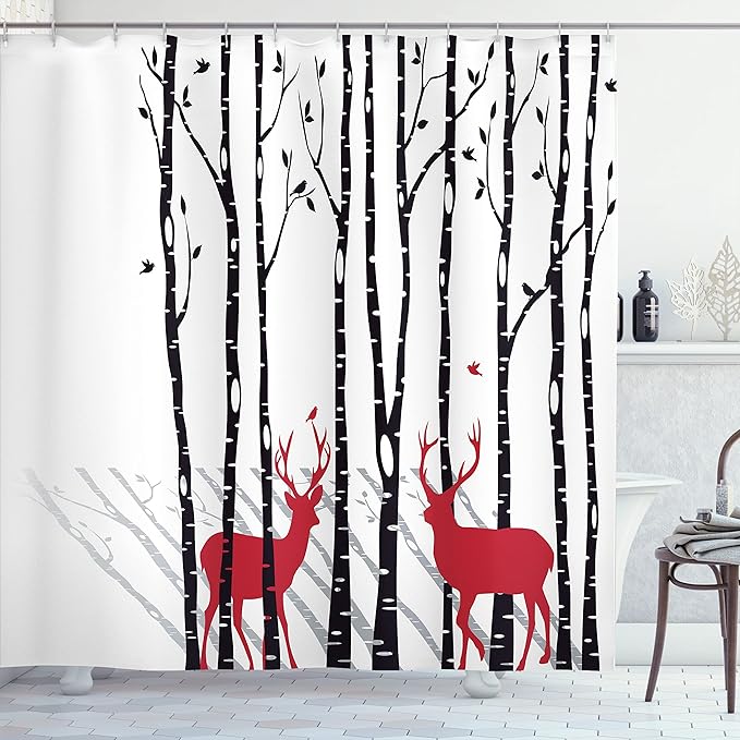 Ambesonne Antlers Shower Curtain, Deer Tree Forest with Red Holiday Theme Flying Leaves Branch Reindeer, Cloth Fabric Bathroom Decor Set with Hooks, 69" W x 70" L, White Vermilion