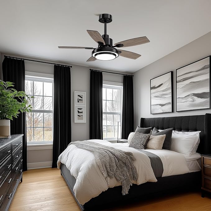 Ceiling Fans with Lights and Remote Control, 42 Inch Flush Mount Ceiling Fan with Quiet Reversible DC Motor, Dimmable LED Lighting, 6 Speeds, Timer, Black Ceiling Fan for Bedroom Living Room