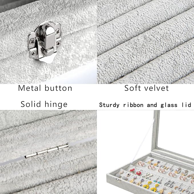 Coward Earring Organizer Tray Box, Grey Beige Velvet Earring Jewelry Display Storage Tray Case with Transparent Glass Lid for Home Drawer or Shop Selling