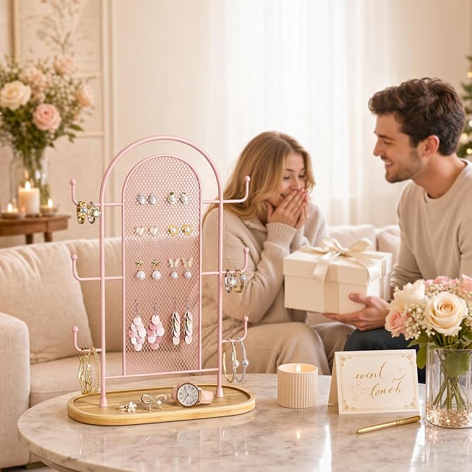 bussdis Jewelry Holder Organizer Earring Display - Earring Storage Tree Stands Towers With 6 Hooks 300 Studs Wood Tray Pink Metal Rack