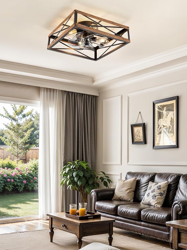 LEDIARY 20” Caged Flush Mount Square Ceiling Fans with Lights and Remote | 6 Speed and Reversible, Small Farmhouse Rustic Ceiling Fan, Low Profile Ceiling Fan for Bedroom, Kitchen, Dining Room
