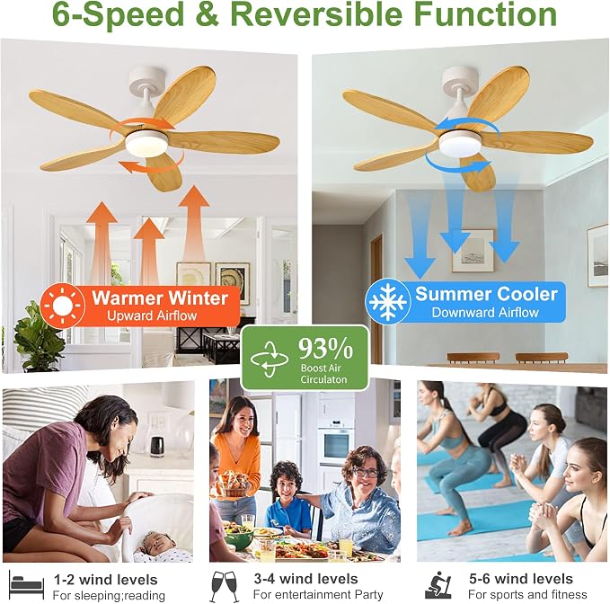 42 Inch Solid Wood Ceiling Fans With Lights, Remote Control, Dimmable, Reversible, Wood Blades, Power-Off Memory, Quiet DC Motor, Indoor/Oudoor Ceiling Fan with Light for Patio,Farmhouse