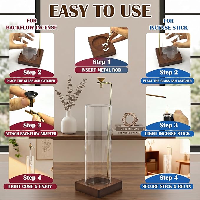 Glass Incense Holder, Hanging Incense Stick Burner with Ash Catcher, 2 in 1 Backflow Cone Holder on Wooden Base, Anti-Ash Zen Decor for Meditation, Yoga (Round)