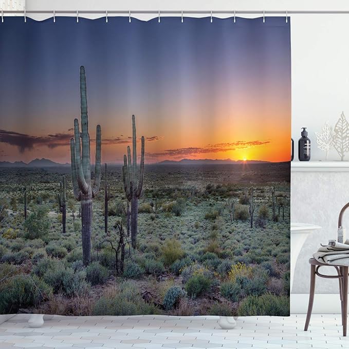 Ambesonne Saguaro Shower Curtain, A Sunset Over The Phoenix Valley in Arizona Mountain by The State Park Natural Scenery of Life Art, Cloth Fabric Bathroom Set with Hooks, 69" W x 70" L, Night Blue