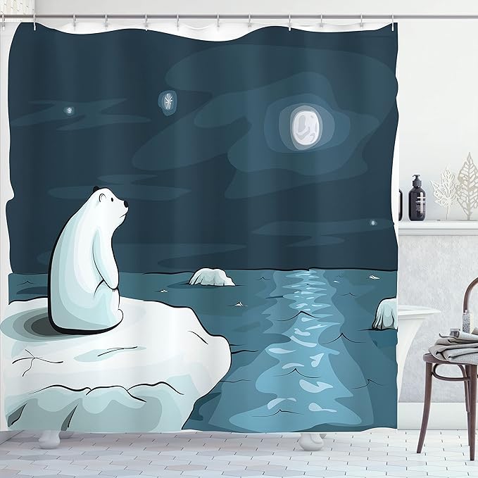 Ambesonne Winter Shower Curtain, Cartoon Style Hand Drawn Polar Bear in The Arctic Staring at The Moon Image Print, Cloth Fabric Bathroom Decor Set with Hooks, 69" W x 84" L, Petrol Blue