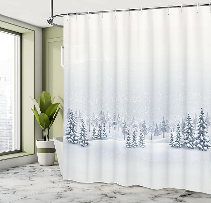 Ambesonne Winter Shower Curtain, Cold Season Scene in a Park Trees Foggy Misty Blurry Ice Freezing Weather Image, Cloth Fabric Bathroom Decor Set with Hooks, 69" W x 84" L, White