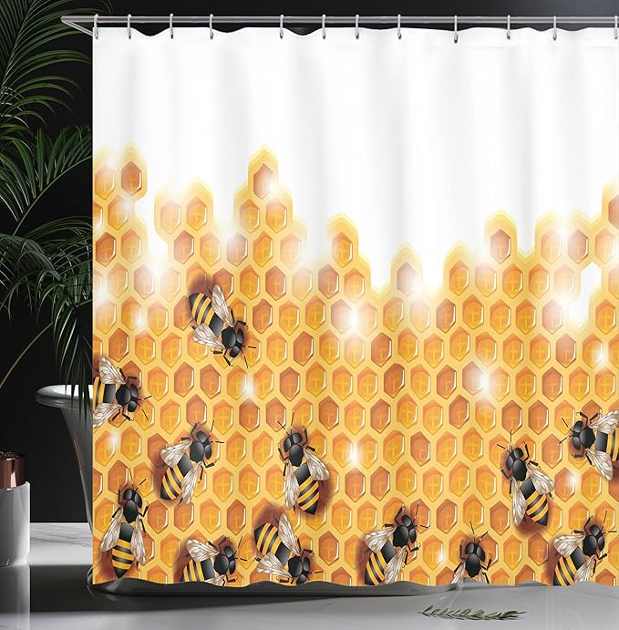 Ambesonne Nature Shower Curtain, Honey Bees Wax Abstract Insect of Spring Season Artwork Image, Cloth Fabric Bathroom Decor Set with Hooks, 69" W x 75" L, Marigold Apricot