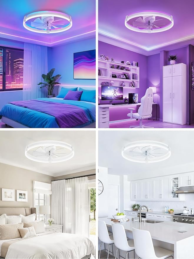 ZMISHIBO RGB Ceiling Fans with Lights and Remote, 23 inch Low Profile Ceiling Fan with Light, 3000K-6000K Dimmable & RGB, Modern Fandelier Flush Mount Ceiling Fan, Small LED Fan for Bedroom