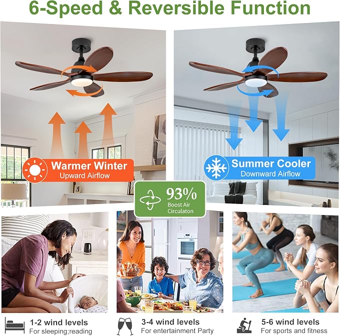 42 Inch Solid Wood Ceiling Fans With Lights, Remote Control, Dimmable, Reversible, Wood Blades, Power-Off Memory, Quiet DC Motor, Indoor/Oudoor Ceiling Fan with Light for Patio